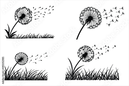 Spring silhouette of a dandelion with seeds flying in the wind