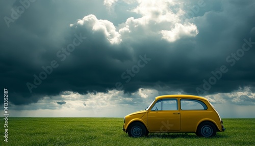 Yellow Classic Car Under Dramatic Cloudscape: A Moody Landscape photo