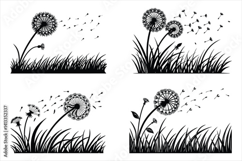 Spring silhouette of a dandelion with seeds flying in the wind