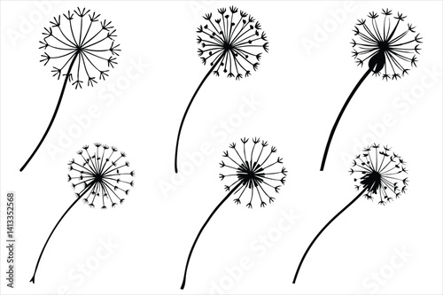 Spring silhouette of a dandelion with seeds flying in the wind