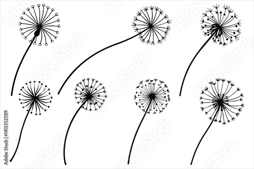 Spring silhouette of a dandelion with seeds flying in the wind