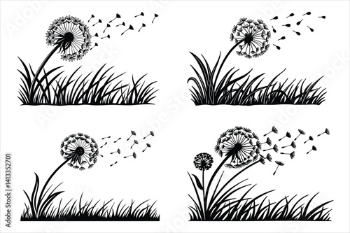 Spring silhouette of a dandelion with seeds flying in the wind