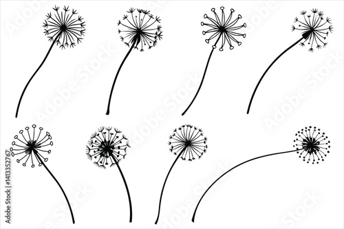 Spring silhouette of a dandelion with seeds flying in the wind
