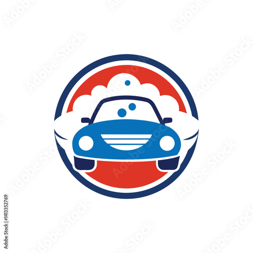 Happy Car Wash Logo Design Blue Red White Car Bubbles Clean
