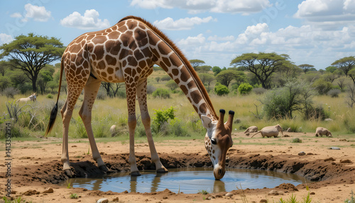 Giraffe Drinking Water in African Savanna