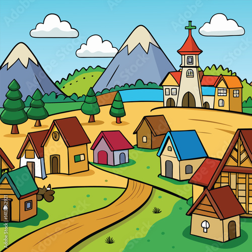 Charming Village nestled in Mountains scenic landscape