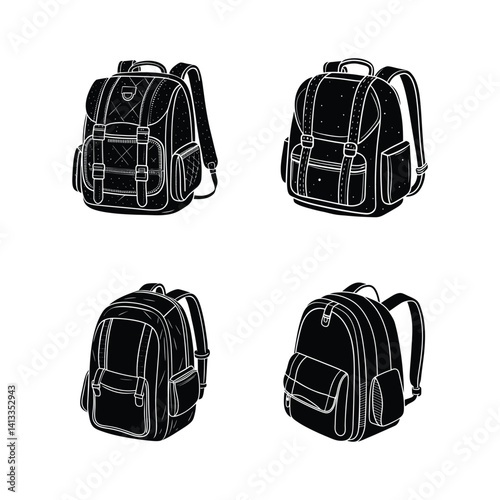 Four Stylish Backpack Designs Black Silhouettes Travel Bags School Bags