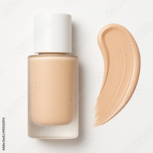 Liquid foundation in a glass bottle with a smear on a white background
