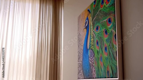 Vibrant Peacock Canvas Modern peacock painting on a living room wall.