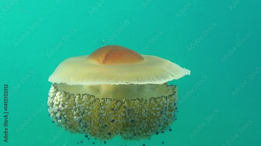 mediterranean jellyfish . jellyfish in Mediterranean, Yellow and orange Jellyfish dansing in the dark blue ocean water, Fried Egg Jellyfish, dancing jellyfish in the depths of the sea.
