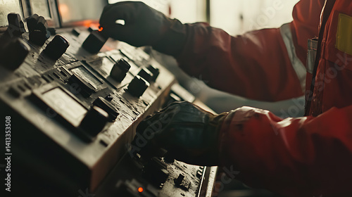 Offshore worker performing routine maintenance on a drilling rig control panel. Featuring control panel maintenance
