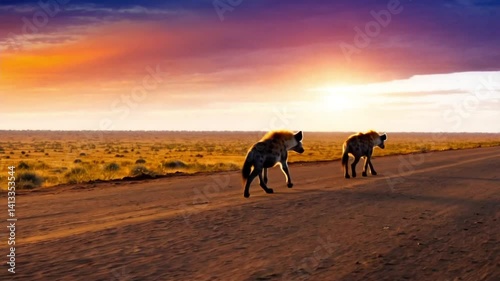 Hyenas at Sunset Three brown hyenas roam an African road.