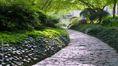 Cobblestone Path Picturesque walkway surrounded by greenery.