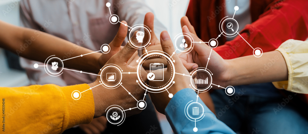 Startup company employee team stacking hand together symbolize successful group of business partnership and strong collective unity teamwork in community workplace in panoramic banner. Synergic Amity