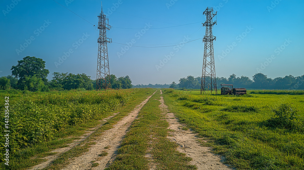 Peaceful rural landscape with power lines and clear blue sky  
