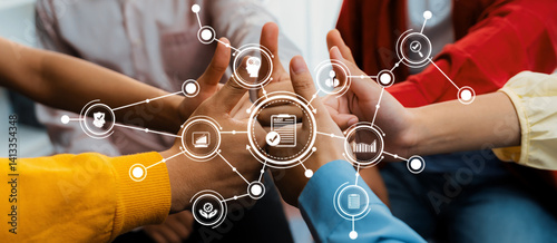 Obraz na płótnie Startup company employee team stacking hand together symbolize successful group of business partnership and strong collective unity teamwork in community workplace in panoramic banner. Synergic Amity w salonie
