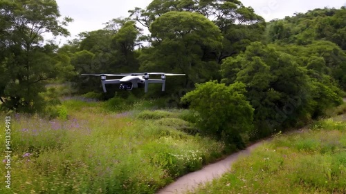 Drone in Nature A drone glides above a scenic path.