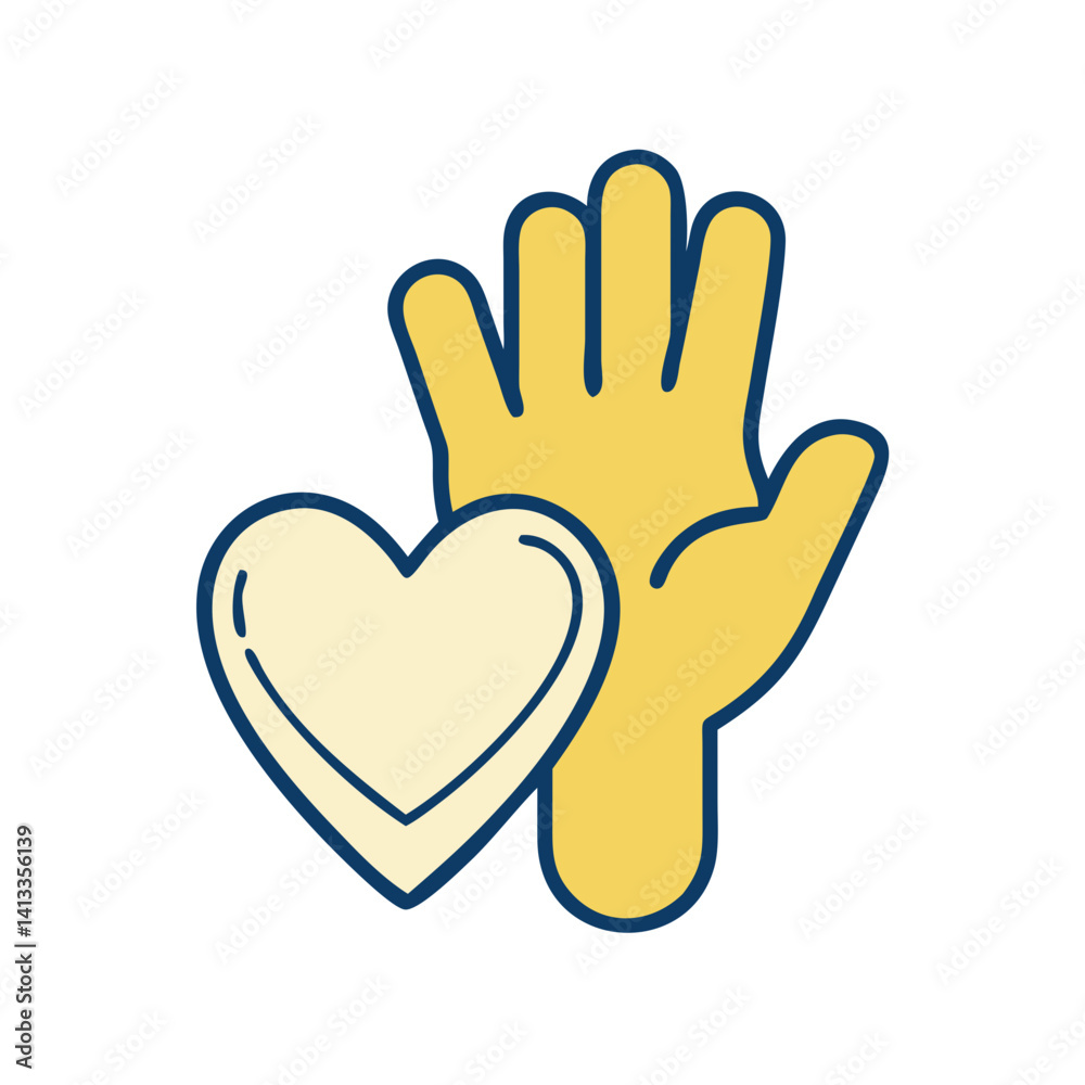 Raised yellow hand with heart icon in flat style Raised yellow hand with heart icon in flat style