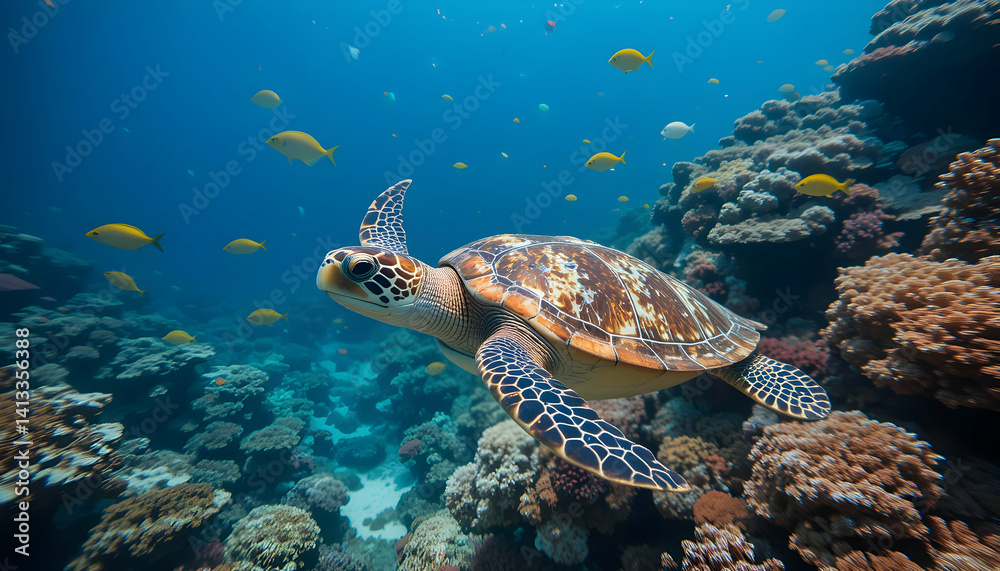 Fototapeta premium Hawksbill Sea Turtle in Vibrant Coral Reef