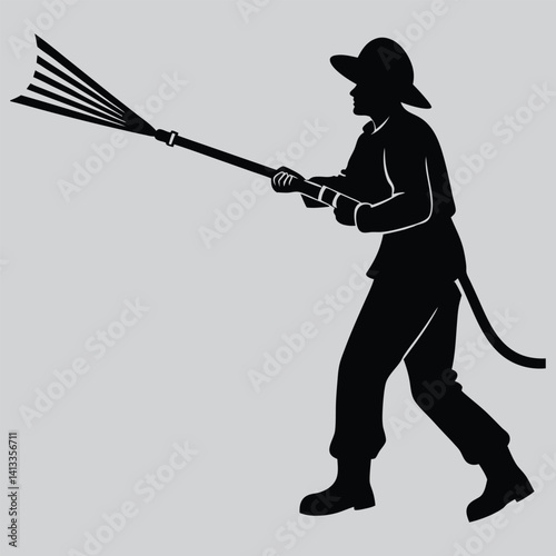 Firefighter holding hose image silhouette vector art and illustration