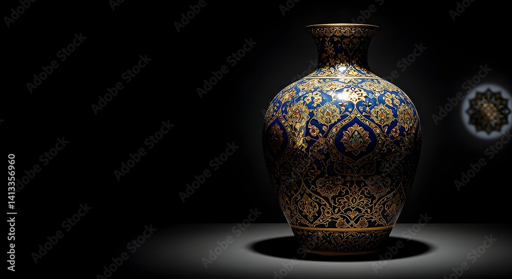 Decorated Vase with Intricate Gold Pattern Displayed on Dark Background Decorated Vase with Intricate Gold Pattern Displayed on Dark Background