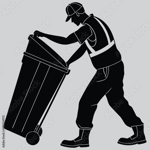 Sanitation worker lifting trash bin image silhouette vector art and illustration