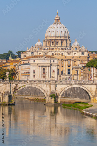St Peter's basilica in Vatican and Victor Emmanuel II bridge in Rome, Italy.