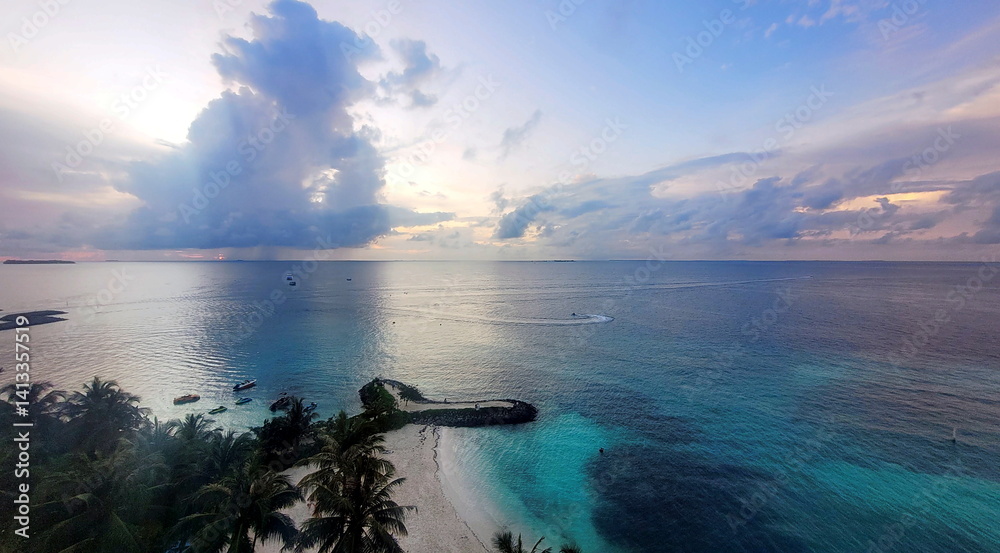 aerial view of Sunny tropical beach paradise on the Maledives