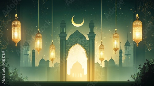 Celebrating Ramadan Lanterns Glowing with Islamic Architecture and Crescent Moon