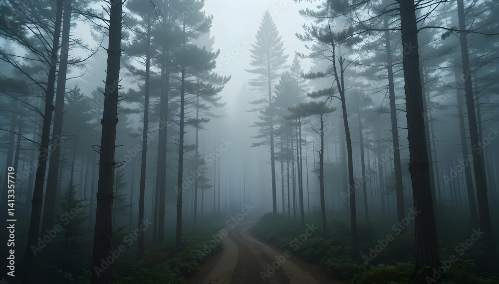 Obraz premium Misty Forest Path: Eerie Foggy Woods Scene