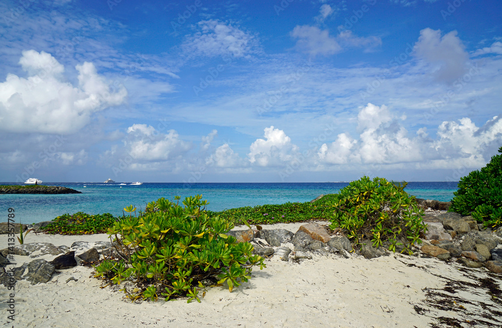 Sunny tropical beach paradise on the Maledives