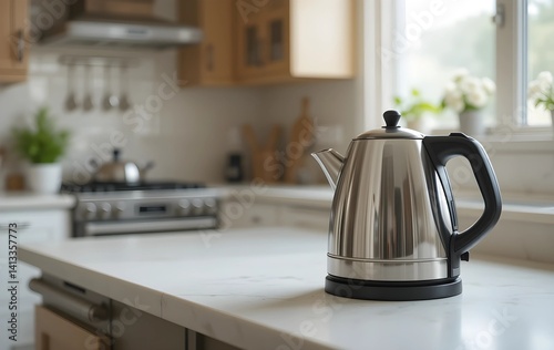 Electric kettle on white counter top in kitchen, kettle in a kitchen 