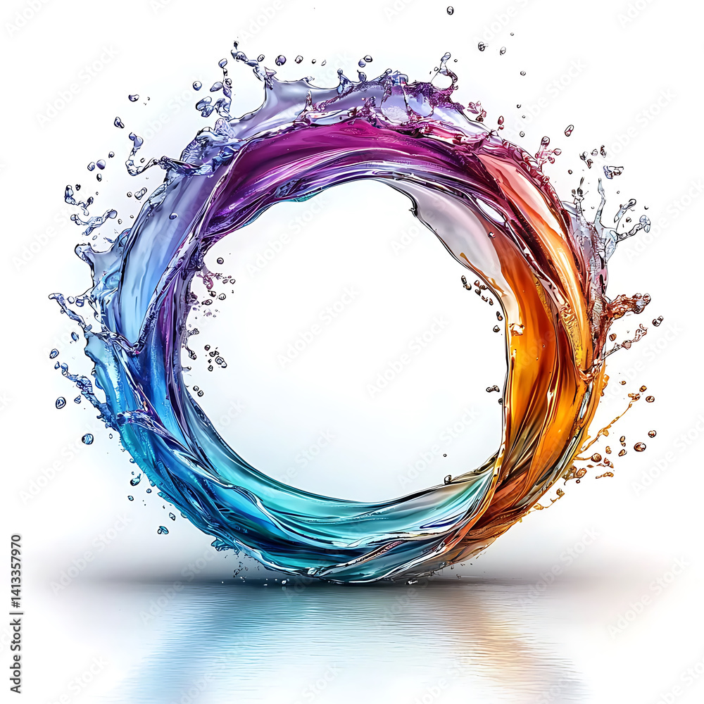 Fototapeta premium Circular splash of colorful liquid ranging from blue to orange against a white backdrop creating a vibrant ring.