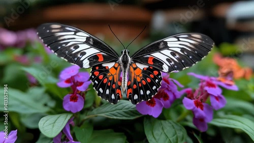 Colorful butterfly resting on purple flowers in garden
