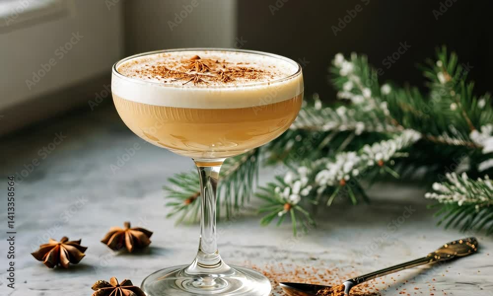 Festive eggnog in glass with spices, holiday season