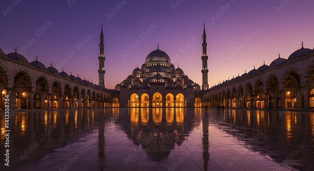 Fototapeta premium Exploring Grand Mosque Architecture at Twilight with Reflections