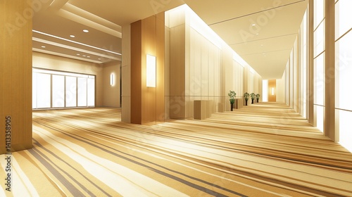 Modern, spacious convention hall interior.  Luminous, light-filled corridor