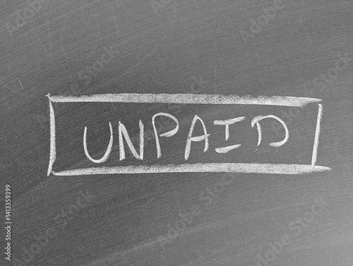 The word 'UNPAID' written in white chalk enclosed in a rectangular border on a dark chalkboard surface. Business concept.