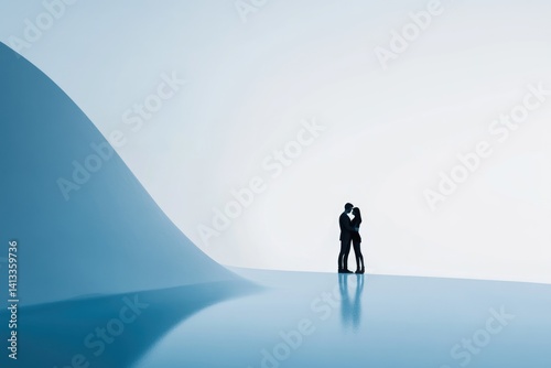 Silhouetted couple embracing on a serene, minimalist landscape, symbolizing love and unity.