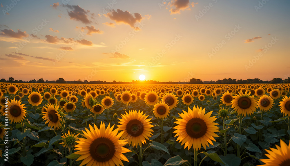 Obraz premium Stunning Sunset over a Field of Sunflowers