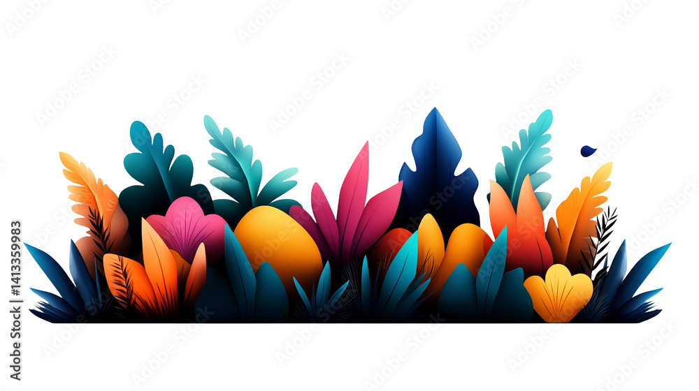 Colorful decorative plants create a vibrant border against the dark backdrop, featuring blue, orange, pink, and yellow hues.