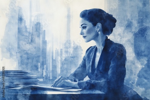 A businesswoman sits at her desk, working amidst a city backdrop, depicted in a serene watercolor style.
