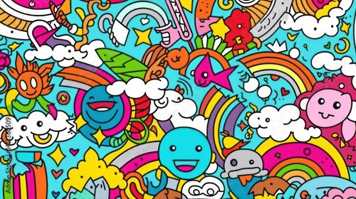 Colorful Doodle Art with Rainbows Clouds and Happy Faces Illustration