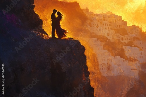 Silhouetted couple embraces on clifftop, overlooking a golden sunset and a picturesque village.