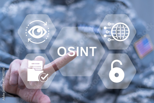 Soldier using virtual touch screen push text: OSINT. OSINT or Open Source INTelligence Investigation War Coverage Concept. Open data access gathering.