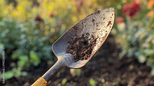 Garden shovel with soil in spring garden setting showcasing gardening tools