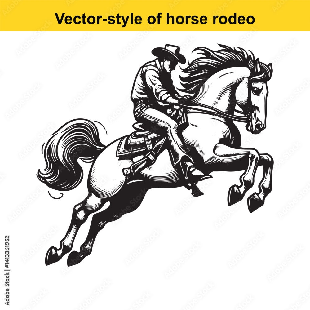 Obraz premium Rearing Rodeo Horse Line Art – Black & White Vector Illustration