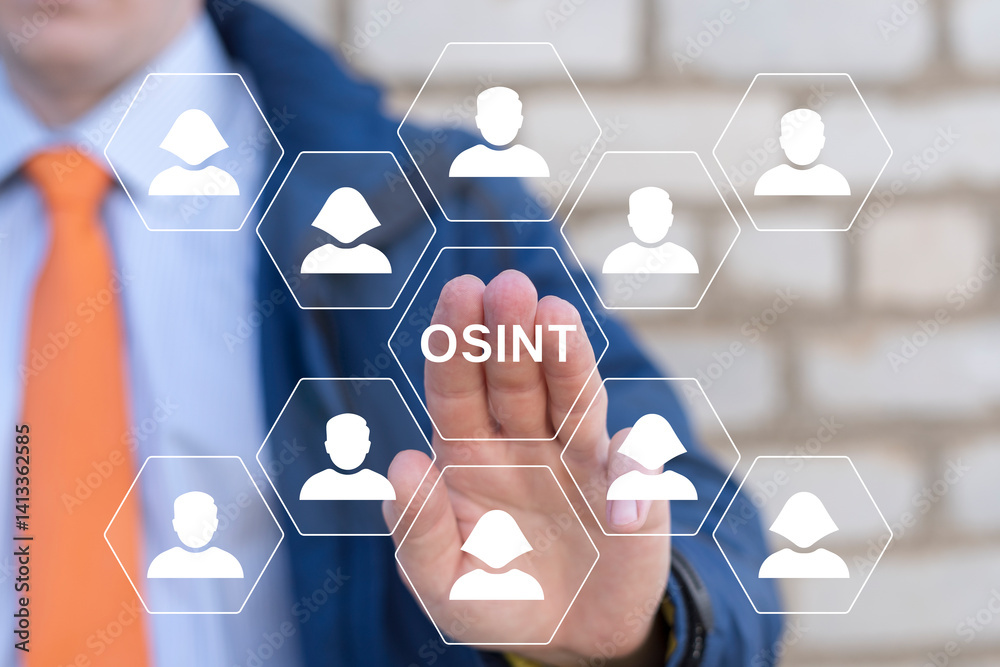 Person using virtual touch screen push text: OSINT. OSINT or Open Source INTelligence Investigation Concept. Open data access gathering. Volunteering Social Surveillance Open Source Analysis.
