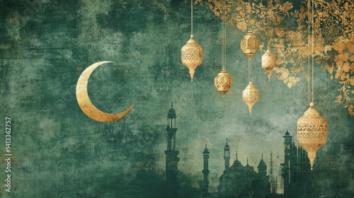 Ramadan Illustration Featuring a Golden Crescent Moon and Mosque Silhouette