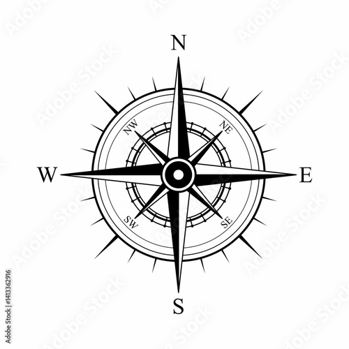 Vintage compass rose design, nautical navigation instrument, directional indicator illustration, adventure travel symbol  